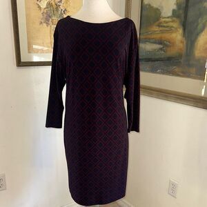 Ralph Lauren Navy/Burgundy Geometric Patterned Dress w/ Matching Belt Size 10